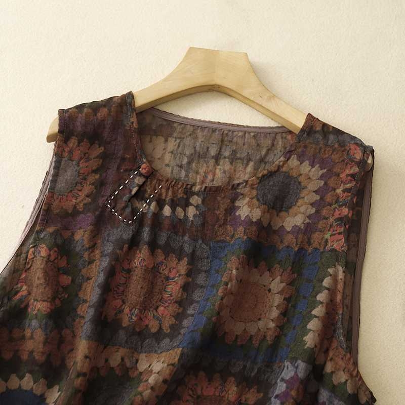 Női ujjatlan felső kerek nyakú, növény-virág mintás, pamut-kender keverék, 2024 nyár, irodalmi retro stílus