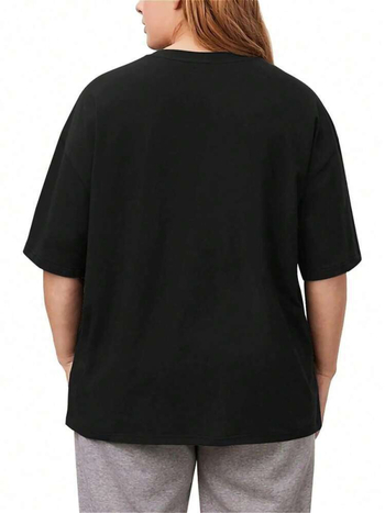 Γυναικεία μπλούζα από βαμβάκι με εκτύπωση, στρογγυλός λαιμός, κοντά μανίκια, εκτύπωση με θερμική μεταφορά