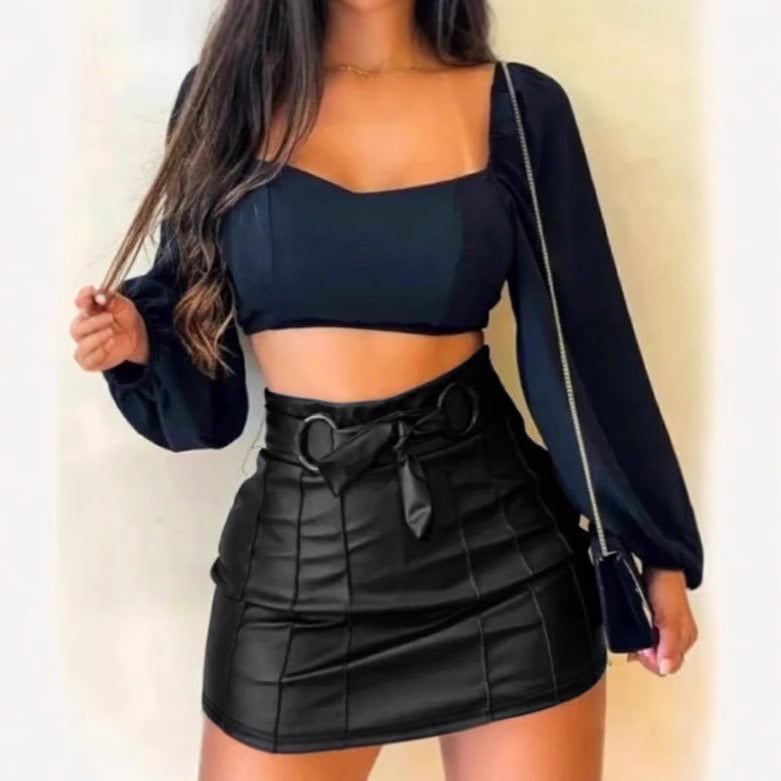 PU kožna suknja s visokim strukom, A-linija, jedinstven uzorak, mikroelastična, proljeće 2025