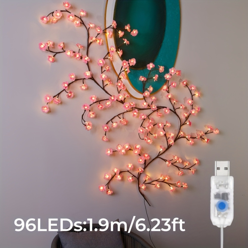 Lumină USB din ramuri artificiale de cireș – lungime 1,6 m, 72 LED, IP44, alimentare USB, reglaj prin telecomandă