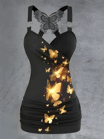 Γυναικείο σετ χωρίς μανίκια με τοπ που πιάνει τη μέση και εκτυπωμένα παντελόνια σε στυλ φλάερ, πολυεστέρας, 3D μοτίβο