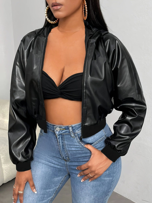 Moteriška PU imitacijos odinė striukė su gobtuvu, ilgomis rankovėmis, vidutinio ilgio, gatvės hipster stilius