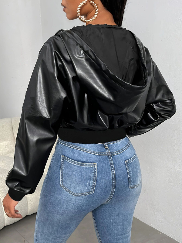 Moteriška PU imitacijos odinė striukė su gobtuvu, ilgomis rankovėmis, vidutinio ilgio, gatvės hipster stilius