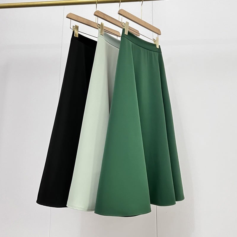 Női A‑vonalú esernyőszoknya, midi hosszú, egyszínű poliészter elasztánnal, cipzár, mikroelasztikus