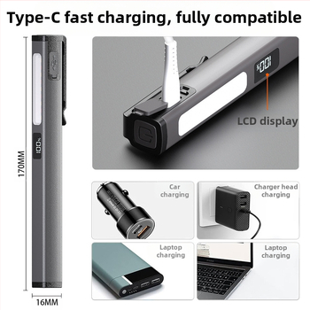 LED μίνι φακός με τρεις πηγές φωτισμού, μαγνητικό, φόρτιση USB, 3W, 400mAh, πολυλειτουργικό φωτιστικό εργασίας