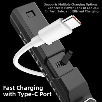 LED darbo lemputė su Type-C ir matavimo liniuotė, 10W, IP65, 360° apšvietimas