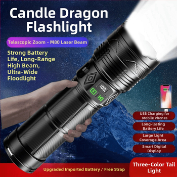 Φακός εξωτερικού χώρου με COB LED εργασιακό φως, επαναφορτιζόμενη μπαταρία 6000 mAh, ισχύς 30 W, εμβέλεια >500 m, αυτονομία 4–7 h, χειροκίνητη γεννήτρια