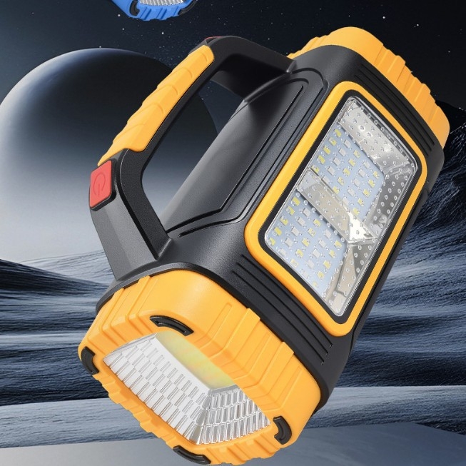 Kézi hajtású napelemes LED zseblámpa oldalsó fénnyel, USB töltés, ABS ház – 1200mAh, 10W, 100–200 m hatótávolság