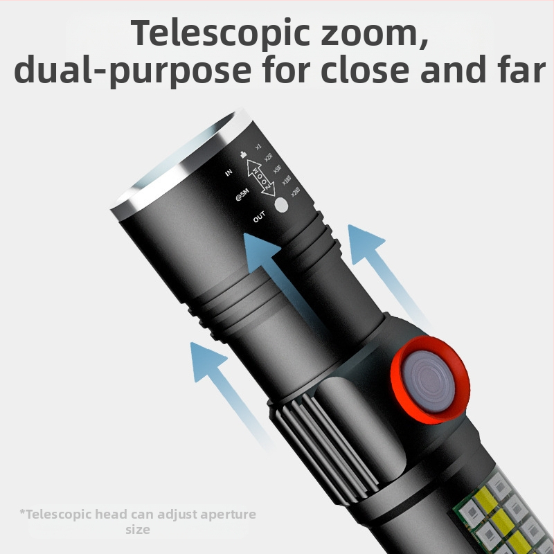 Ръчен фенер LED P60 от алуминиева сплав, телескопичен дизайн, USB зареждане, странично осветление, максимум 500 лумена, модел Ym-9102