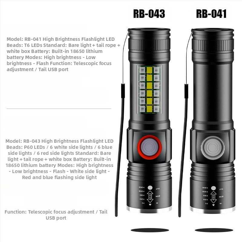 Ръчен фенер LED P60 от алуминиева сплав, телескопичен дизайн, USB зареждане, странично осветление, максимум 500 лумена, модел Ym-9102