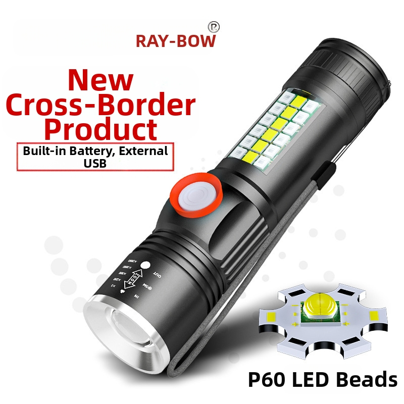 Ръчен фенер LED P60 от алуминиева сплав, телескопичен дизайн, USB зареждане, странично осветление, максимум 500 лумена, модел Ym-9102