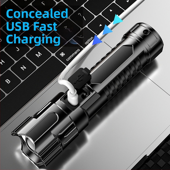 Φακός LED χειρός USB επαναφορτιζόμενος με τηλεσκοπικό ζουμ και μεγάλο flood φωτισμό — ABS σώμα, 800 mAh, 3.7V, εμβέλεια 100–200 m, διάρκεια ζωής μπαταρίας 1–2 h