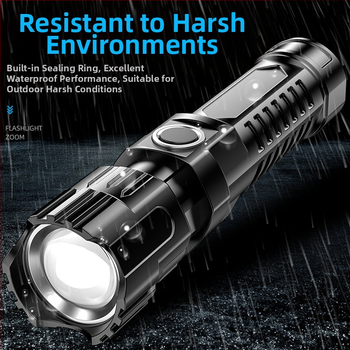 Φακός LED χειρός USB επαναφορτιζόμενος με τηλεσκοπικό ζουμ και μεγάλο flood φωτισμό — ABS σώμα, 800 mAh, 3.7V, εμβέλεια 100–200 m, διάρκεια ζωής μπαταρίας 1–2 h