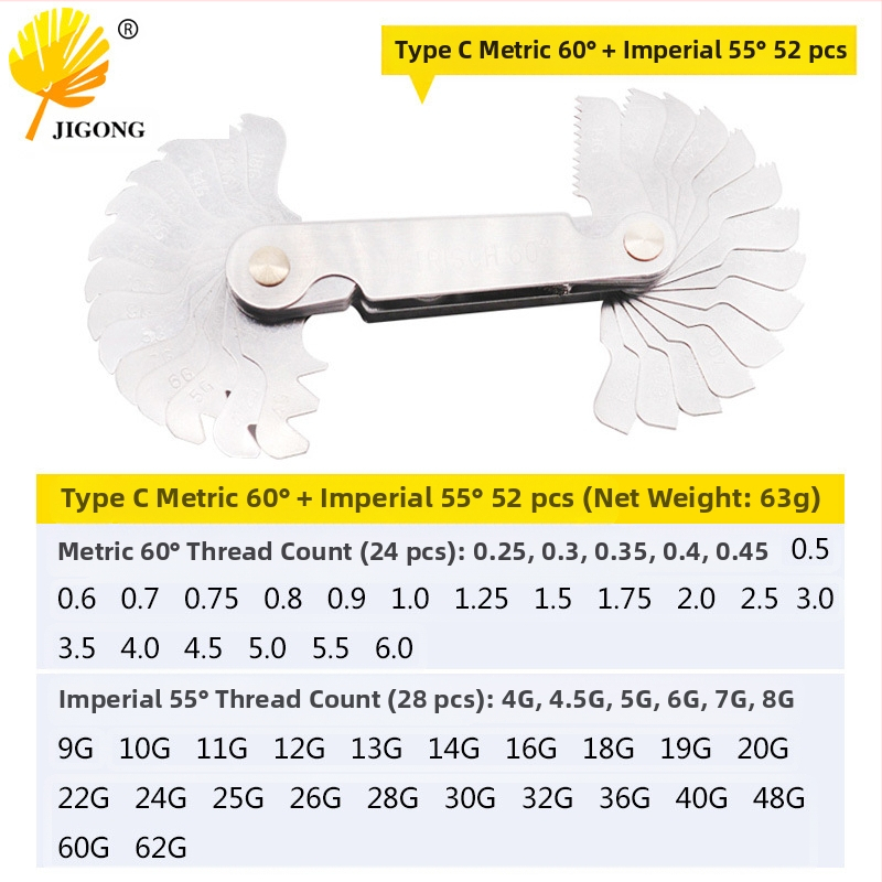 Journalists 4-елементен комплект резбов калибър и център калибър, 55°–60°, метрично-инчов интегриран