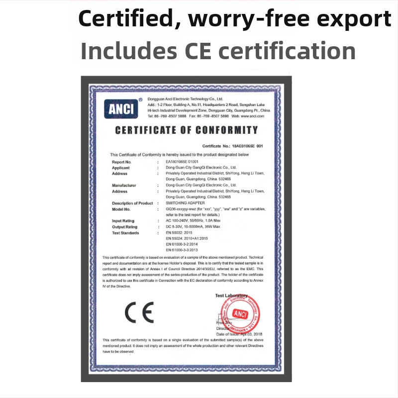 DC захранващ адаптер Hong Kong qi, вход 100–240 V, изход според клиента, CE/GS/TUV сертифициран, OEM наличен