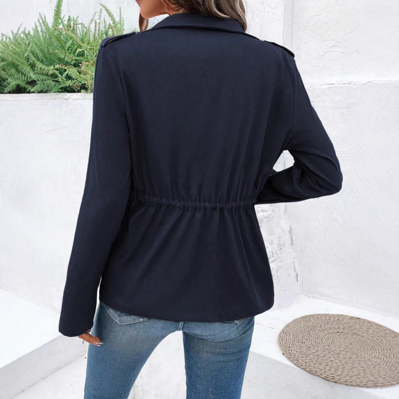 Moteriška kasdieninė striukė su švarko apykakle, poliesterio ir elastano mišinys, vienalytiškas raštas, ilgos rankovės