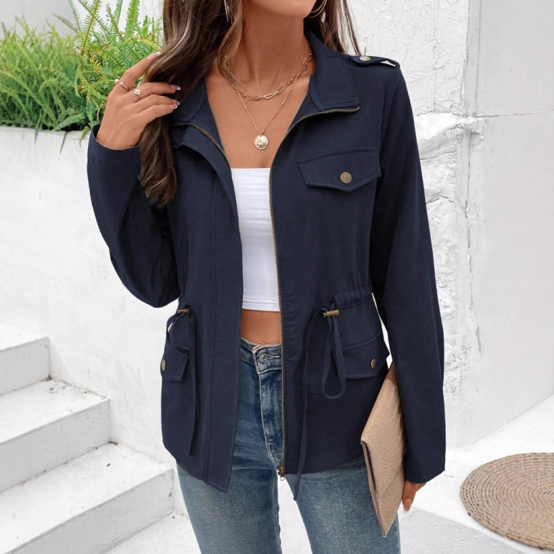 Moteriška kasdieninė striukė su švarko apykakle, poliesterio ir elastano mišinys, vienalytiškas raštas, ilgos rankovės