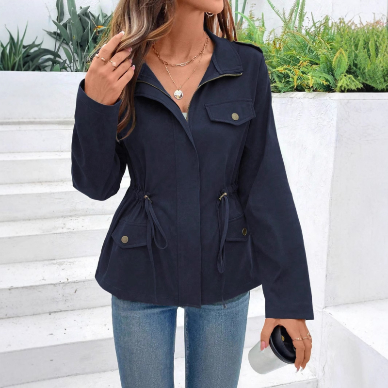 Moteriška kasdieninė striukė su švarko apykakle, poliesterio ir elastano mišinys, vienalytiškas raštas, ilgos rankovės