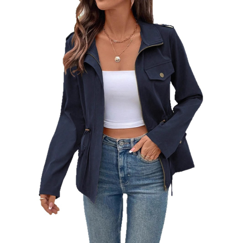 Moteriška kasdieninė striukė su švarko apykakle, poliesterio ir elastano mišinys, vienalytiškas raštas, ilgos rankovės