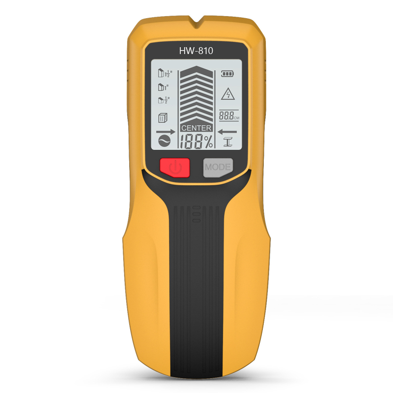 HW810 Daudzfunkcionālais sienas detektors koksniem, vadus un metālam meklēšanai sienās, grīdās un griestos — skaņas un gaismas signāls; frekvenču josla: 1; darba diapazons: 0–0.06; spriegums: 9V