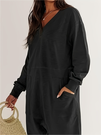 Γυναικεία ολόσωμη φόρμα – άνετη γραμμή, V-λαιμό, μακριά μανίκια, patchwork σχέδιο, ελεύθερη μέση; πολυεστέρας ≥95%, μεσαίο πάχος