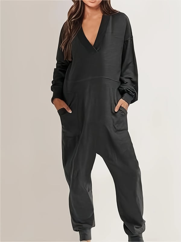 Női overál – szabad szabású, V-nyak, hosszú ujjú, patchwork dizájn, szabad derék; poliészter ≥95%, közepes vastagság