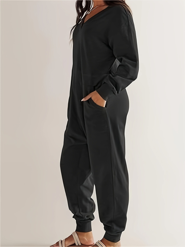 Női overál – szabad szabású, V-nyak, hosszú ujjú, patchwork dizájn, szabad derék; poliészter ≥95%, közepes vastagság