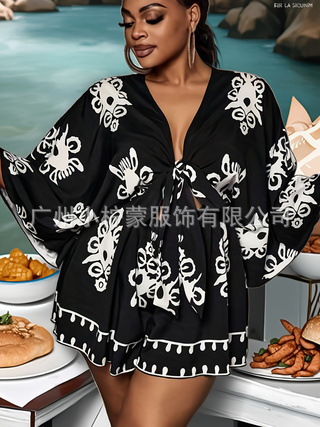 Γυναικεία ολόσωμη φόρμα – V-λαιμό, Raglan μανίκια, σχέδιο εκτύπωσης, πολυεστερικό ύφασμα, παντελόνι μήκους τριών τετάρτων