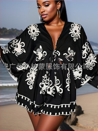 Γυναικεία ολόσωμη φόρμα – V-λαιμό, Raglan μανίκια, σχέδιο εκτύπωσης, πολυεστερικό ύφασμα, παντελόνι μήκους τριών τετάρτων