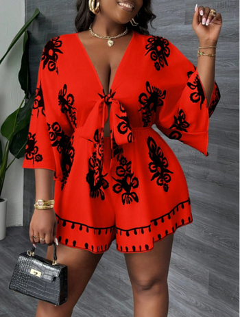 Γυναικεία ολόσωμη φόρμα – V-λαιμό, Raglan μανίκια, σχέδιο εκτύπωσης, πολυεστερικό ύφασμα, παντελόνι μήκους τριών τετάρτων