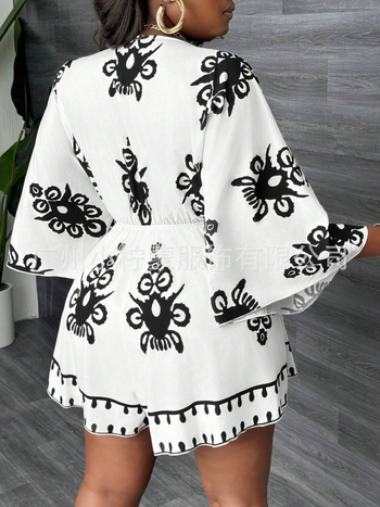 Γυναικεία ολόσωμη φόρμα – V-λαιμό, Raglan μανίκια, σχέδιο εκτύπωσης, πολυεστερικό ύφασμα, παντελόνι μήκους τριών τετάρτων