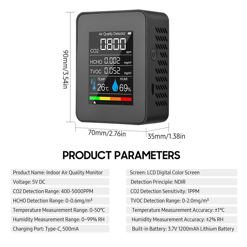 Penki viename nešiojamas CO2/TVOC, temperatūros ir drėgmės bei formaldehido monitorius; CO2 diapazonas 400-5000 ppm; CO2 tikslumas 1 ppm; formaldehido diapazonas 0-2.0 mg/m3; maitinimas: įkraunama ličio baterija
