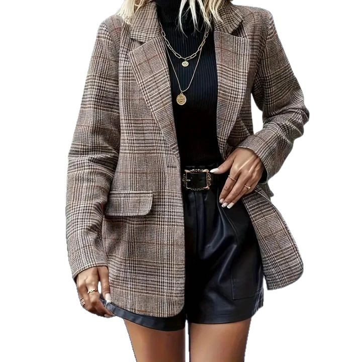 Női kabát rácsmintás, bő szabás, közép hosszúságú 65–80 cm, zakós gallér, háromgombos zárás