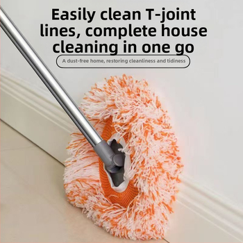 Πολυλειτουργικός επίπεδος mop με σχέδιο ηλίανθου, κεφαλή από μικροΐνες και ράβδο από ανοξείδωτο ατσάλι; κεφαλή από βαμβακερή γάζα; απομάκρυνση νερού 80–90%; φόρτος κάτω από 10 κιλά.