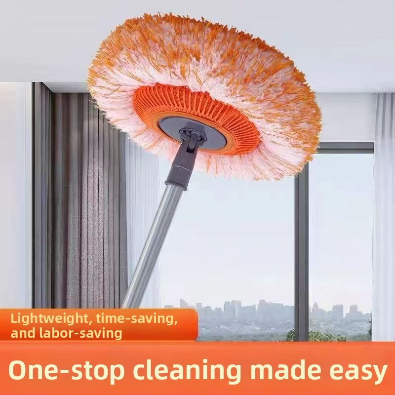 Πολυλειτουργικός επίπεδος mop με σχέδιο ηλίανθου, κεφαλή από μικροΐνες και ράβδο από ανοξείδωτο ατσάλι; κεφαλή από βαμβακερή γάζα; απομάκρυνση νερού 80–90%; φόρτος κάτω από 10 κιλά.