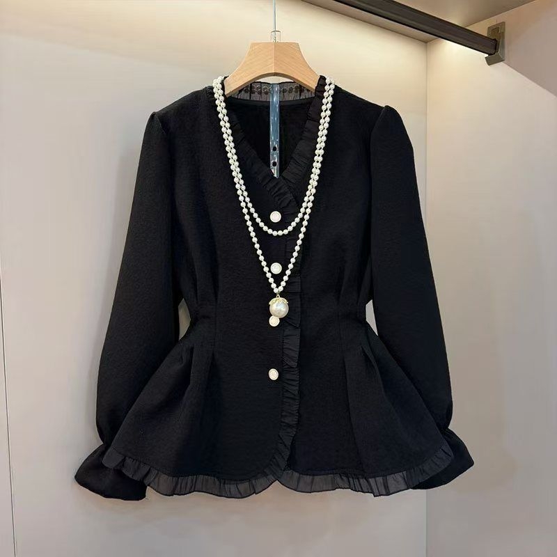 Риза с V-образно деколте, дълги ръкави, градски стил, копчета по планка, стандартна кройка