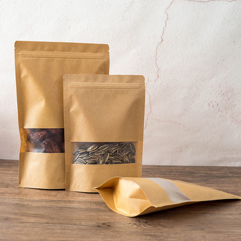 Крафт торбичка от хартия със прозорец, самостоятелно стояща, самозалепваща за опаковки на храни и подаръци