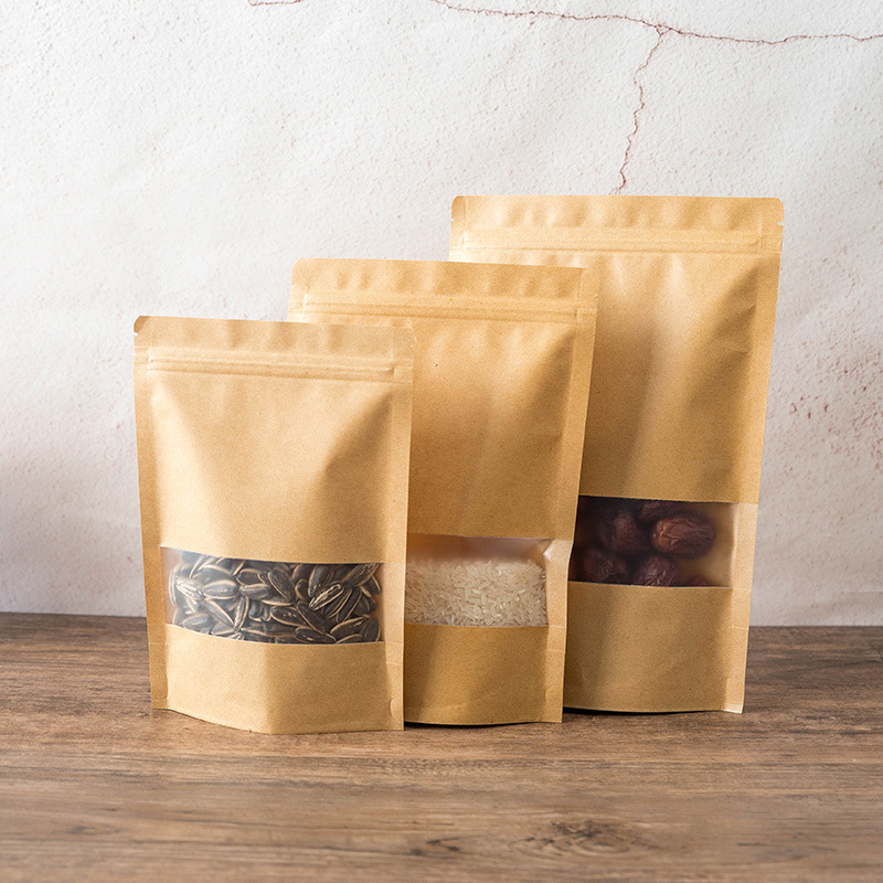 Крафт торбичка от хартия със прозорец, самостоятелно стояща, самозалепваща за опаковки на храни и подаръци