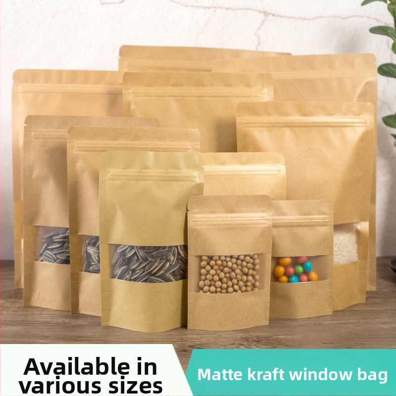 Крафт торбичка от хартия със прозорец, самостоятелно стояща, самозалепваща за опаковки на храни и подаръци