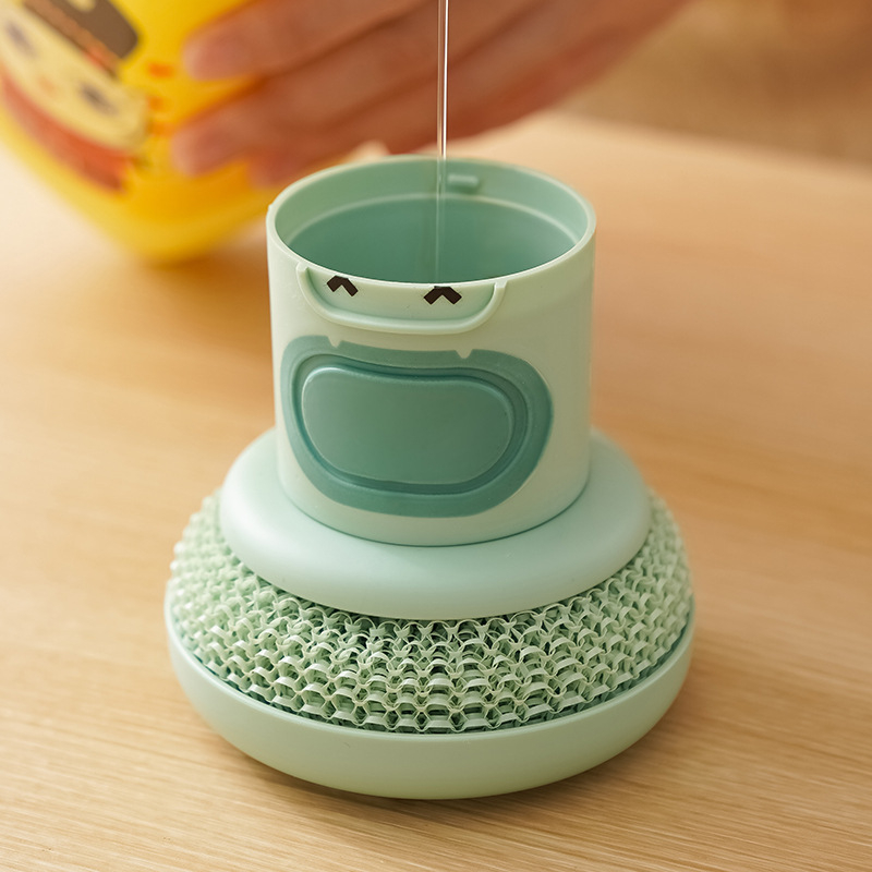 Четка за почистване на тенджери с натисков механизъм, автоматично дозиране на течност, дизайн „малко чудовище“, топка от нано влакна