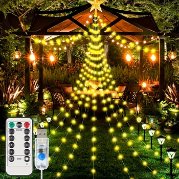 LED лампа‑водопад с форма на петолъчена звезда, 50 LED, IP43, димируема, батерийно захранване, за интериор и открито