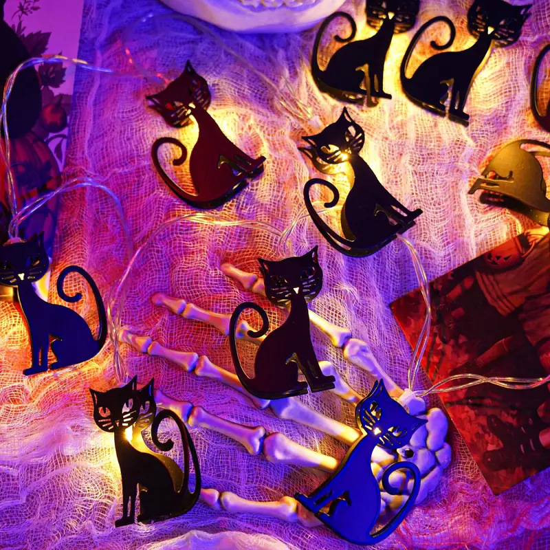 Хелоуин метални нишкови светлини с котешка форма (10 LED, ≤36V, IP44, батерийно захранване, 3000K)