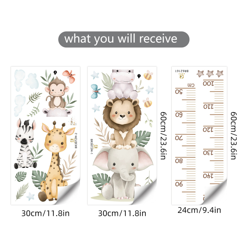 PVC falikép készlet – magasságmérő rajzolt állatokkal, 3 darab, öntapadó, nappali, hálószoba és előszoba