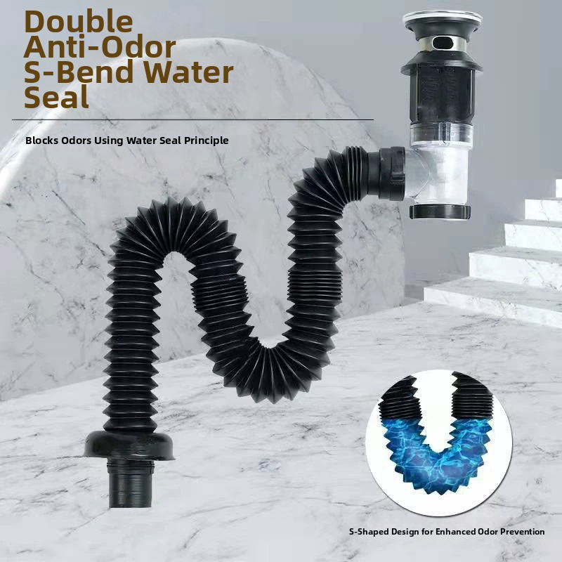 NSG00055 Αναδιπλούμενος σωλήνας αποχέτευσης με προστασία από οσμές για νεροχύτη κουζίνας και νιπτήρα μπάνιου, σχήματος S, υλικό ατσάλι/πλαστικό, τύπος Flip design