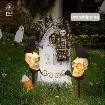 Ηλιακό εξωτερικό φανάρι κήπου με κρανίο και κοράκι, IP65 αδιάβροχο, LED φως, λειτουργία 6–12 ωρών, διάρκεια ζωής 10000 h