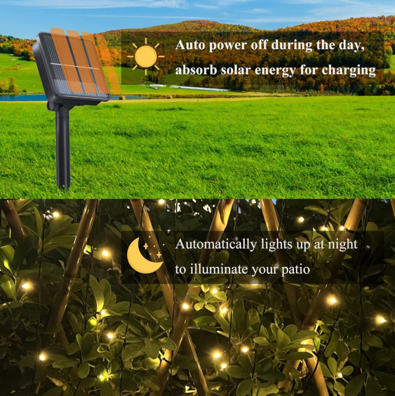 Kültéri napenergia-táplálású virág alakú LED égősor kertdekorációhoz – 3W, IP65, akkumulátoros/napenergia, 50/100/200/300 LED