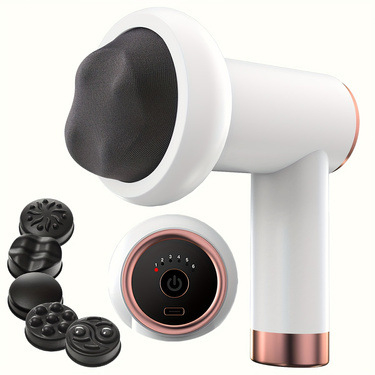 Belaidė kūno masažo priemonė su USB įkrovimu, rankinis nešiojamas masažo prietaisas su 5 galvutėmis, brushless variklis, 5 greičiai arba aukštesni, vidinė baterija 1000–1200 mAh, triukšmas 36–45 dB