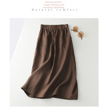 Φούστα μίντι Α-γραμμής από λινό και βαμβάκι, με τσέπες, σταθερό σχέδιο, καλοκαίρι 2025