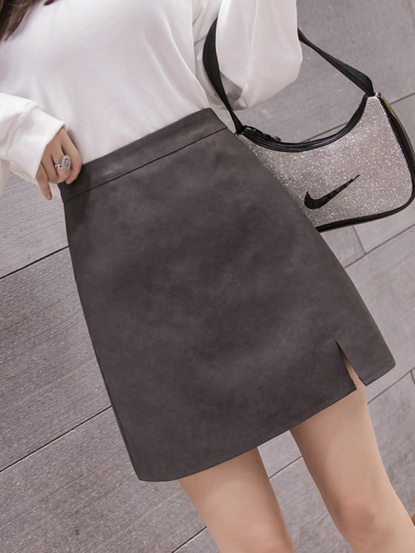 A-vonalú PU bőrszoknya, egységes mintázat, cipzár, Téli 2024, Royal Senton