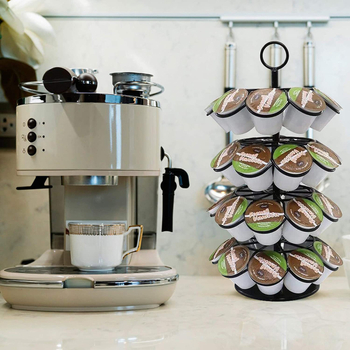 Četrslāņu griežams kafas kapsulu statīvs, savietojams ar K-Cup/Dolce Gusto, ietilpst 36 kapsulas, pulverveida virsma